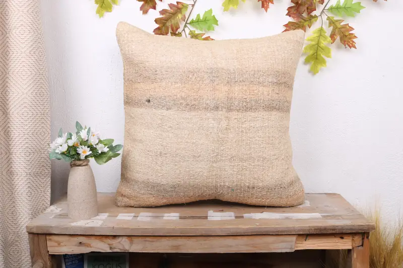 Vintage Kilim Throw Pillow, Outdoor Throw Cushion, Kilim Pillow Cover, Pillow Case, Home Decor Pillow, 20x20 Beige Pillow, Square Throw Pillow Sham - 1