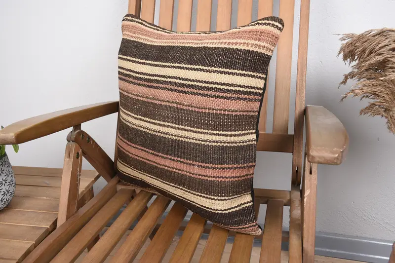 Bohemian Cushion Cushion Case, Home Decor Pillow, Ethnical Kilim Rug Pillow, 18x18 Brown Cushion Cover, Pillow Sham, Boho Pillow Sham Cover - 3