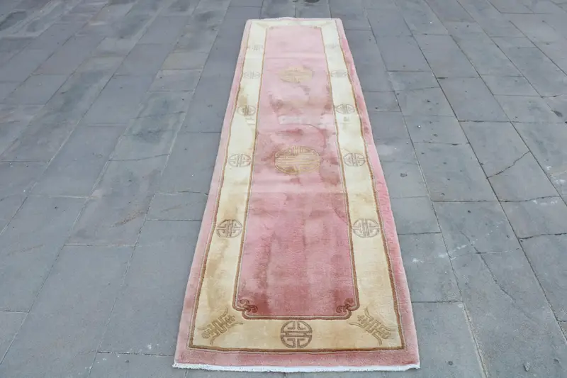 2.5x10 ft Türk Halısı, Vintage Yolluk Halısı, Pembe Çiçekli Yün Halı - 1