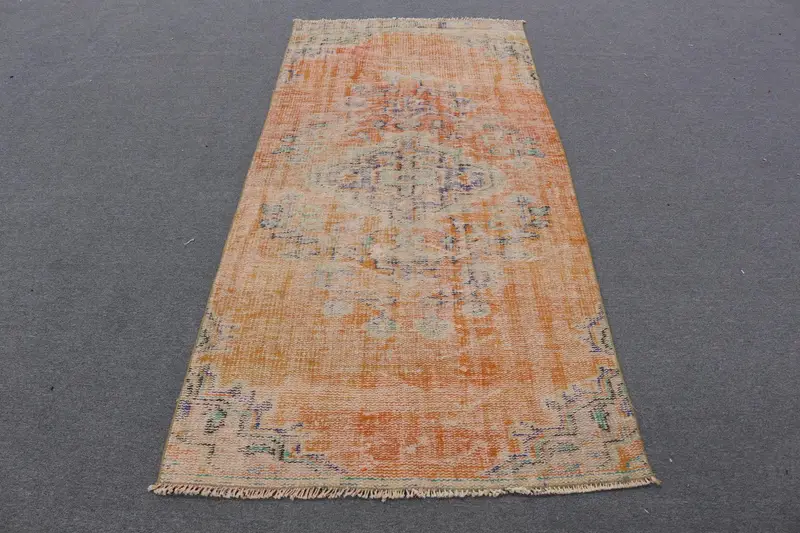 3.5x7.6 ft Rug, Vintage Turkish Rug, Orange Check Wool Rug - 1