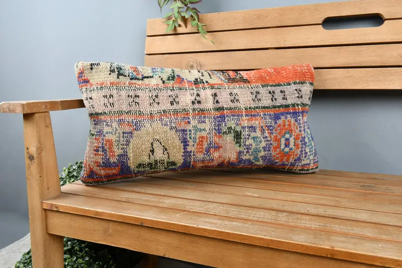 Ethnic Throw Cushion Cover, Pillow Sham, Throw Kilim Pillow, Office Chair Pillow Sham, 12x24 Blue Cushion Cover, Boho Pillow, Vintage Pillow - 1