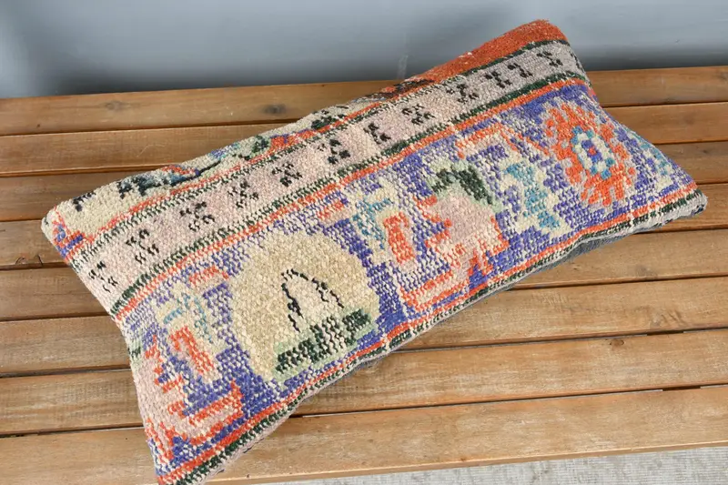Ethnic Throw Cushion Cover, Pillow Sham, Throw Kilim Pillow, Office Chair Pillow Sham, 12x24 Blue Cushion Cover, Boho Pillow, Vintage Pillow - 2