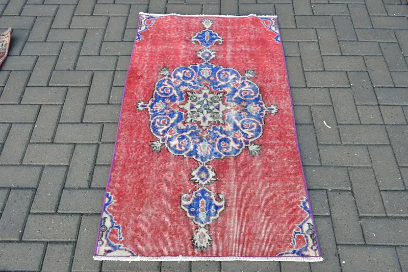 Alfombra pequeña vintage 2.5x4.1 ft, lana de alfombra Ombré azul rojo - 1