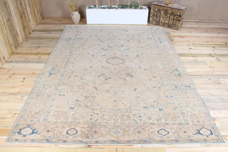Türkischer Vintage-Teppich, 8,4 x 11,3 Fuß großer Übergröße-Teppich, braun-blauer geometrischer Teppich - 1