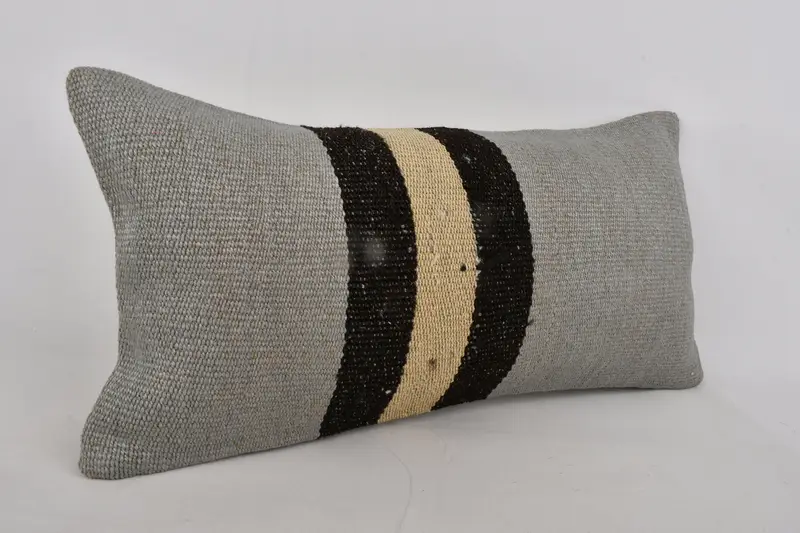 Turkish Pillow, Boho Pillow Sham Cover, Cushion Case, Outdoor Bolster Cushion, Kilim Pillow Cover, 12x24 Gray Pillow Case, Bed Pillow Sham - 3