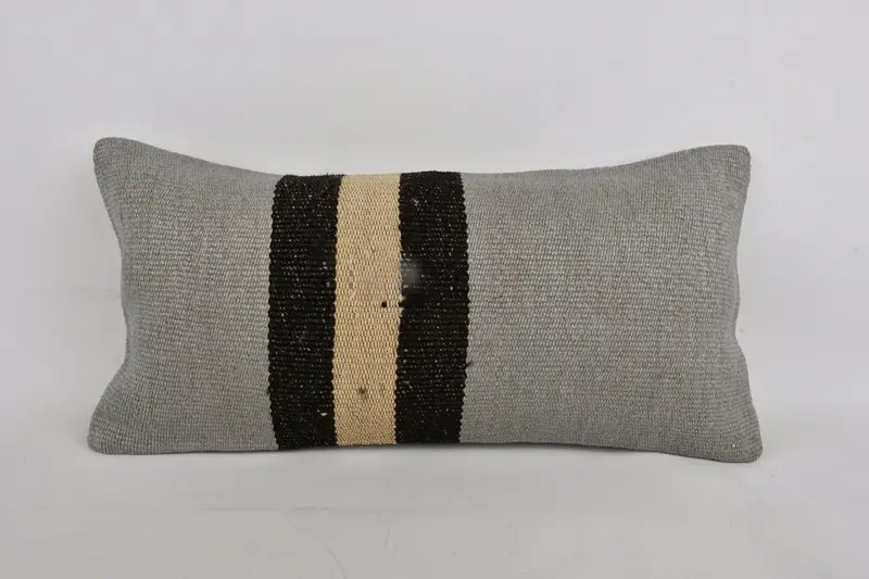 Turkish Pillow, Boho Pillow Sham Cover, Cushion Case, Outdoor Bolster Cushion, Kilim Pillow Cover, 12x24 Gray Pillow Case, Bed Pillow Sham - 1