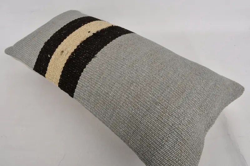 Turkish Pillow, Boho Pillow Sham Cover, Cushion Case, Outdoor Bolster Cushion, Kilim Pillow Cover, 12x24 Gray Pillow Case, Bed Pillow Sham - 6