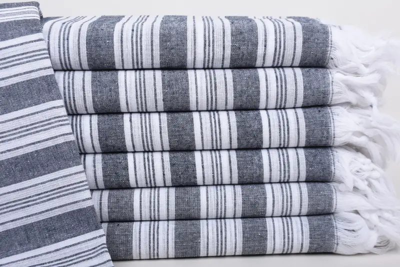 Handmade Dark Navy Blue Striped Organic Cotton Beach Towel, 70x40 Inches