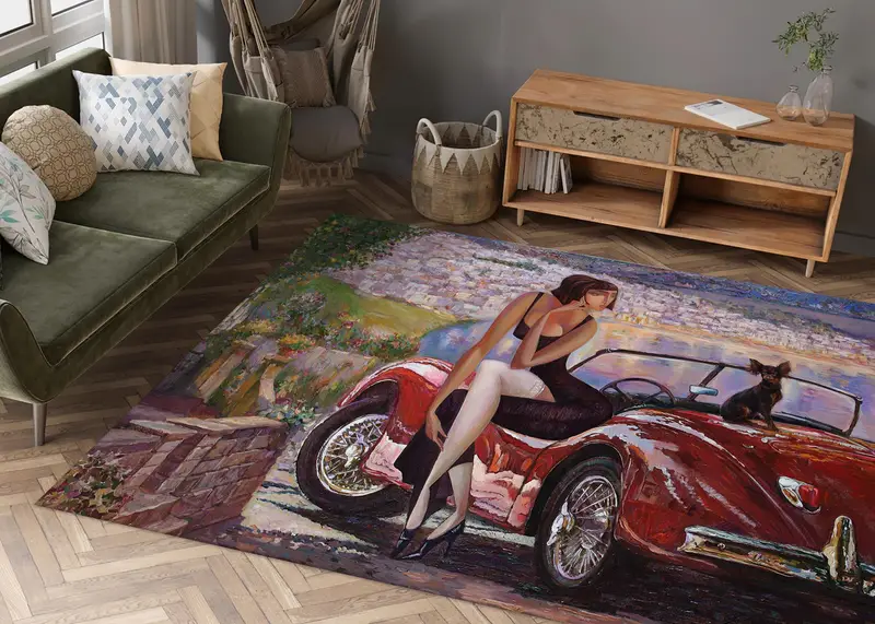 Alfombra Elegante Estampada: Niña con Gato, Regalo Perfecto para Amantes de los Autos