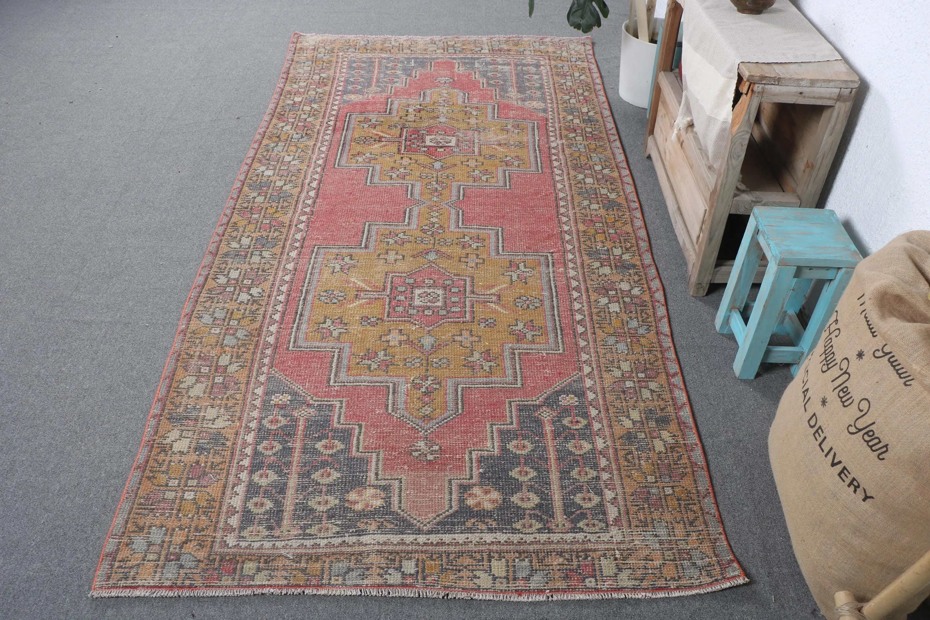 4x8.4 ft Rug, Vintage Turkish Rug, Red Southwestern Wool Rug - 1