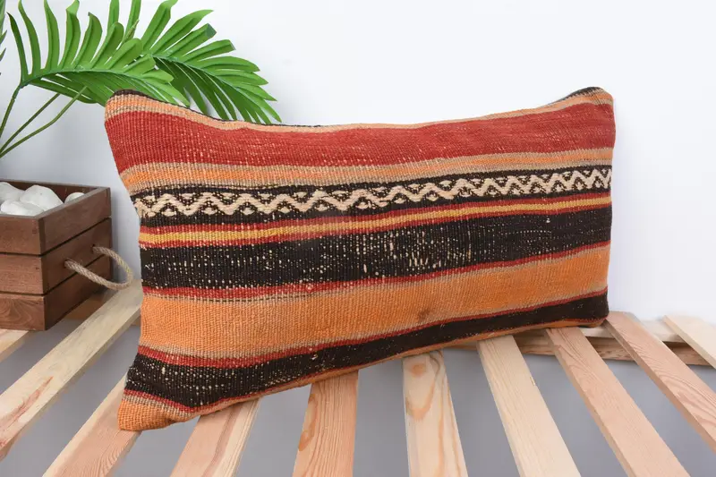 Pillow Sham, Throw Kilim Pillow, Garden Cushion Case, 12x24 Orange Cushion Case, Boho Pillow Sham Cover, Vintage Kilim Pillow - 5