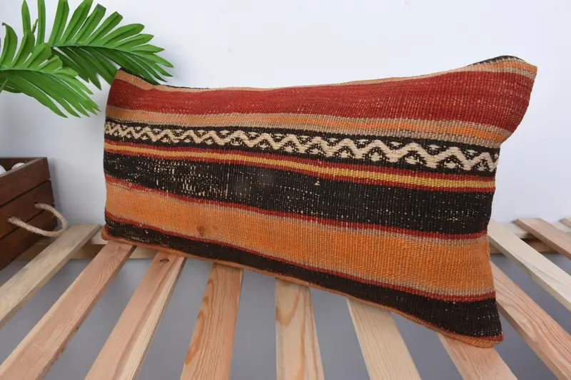 Pillow Sham, Throw Kilim Pillow, Garden Cushion Case, 12x24 Orange Cushion Case, Boho Pillow Sham Cover, Vintage Kilim Pillow - 4