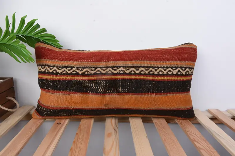 Pillow Sham, Throw Kilim Pillow, Garden Cushion Case, 12x24 Orange Cushion Case, Boho Pillow Sham Cover, Vintage Kilim Pillow - 1
