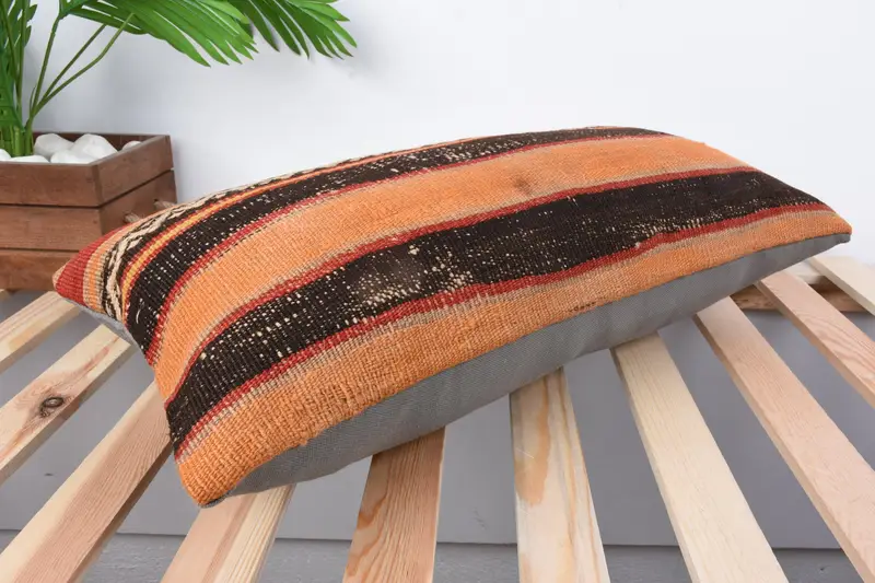 Pillow Sham, Throw Kilim Pillow, Garden Cushion Case, 12x24 Orange Cushion Case, Boho Pillow Sham Cover, Vintage Kilim Pillow - 6