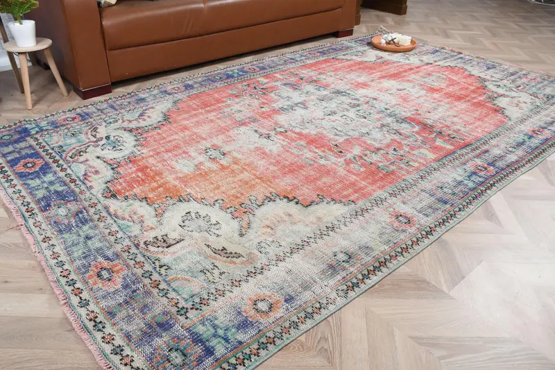 Vintage Türk Oushak Halısı 5.3x9 ft, Kırmızı Büyük Katı Yün Halı - 1
