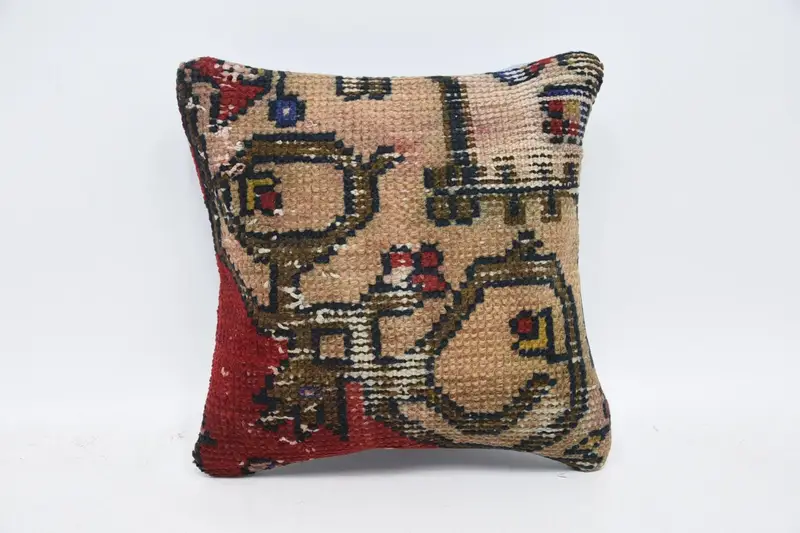Geometric Turkish Antique Pillow Case, Small Square 30x30 cm Red Cushion Case - 1