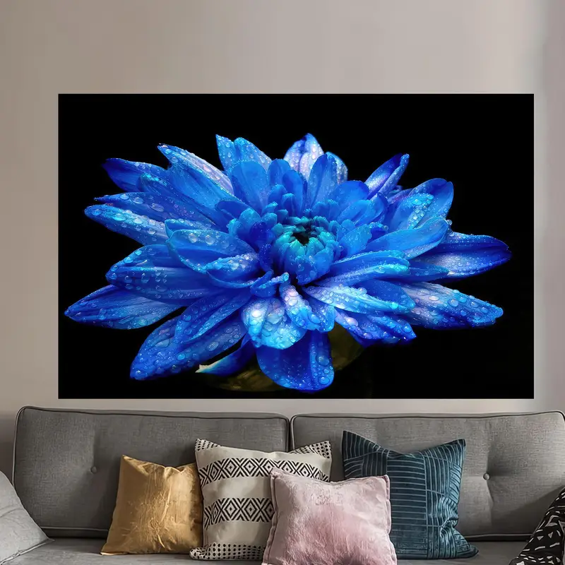 Arte de lienzo impreso negro de flor azul de lujo moderno