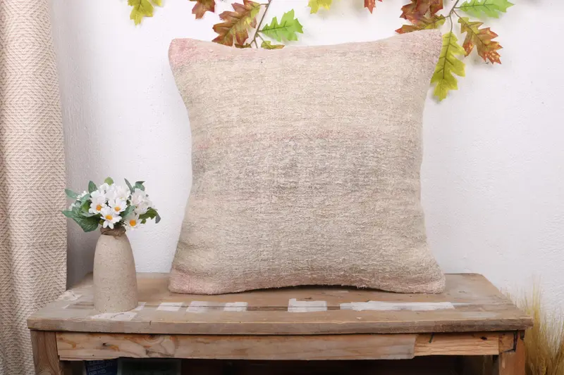 Boho Throw Pillow Cover, Ethnical Kilim Rug Pillow, Authentic Pillow Cover, Antique Pillows, Throw Kilim Pillow, Cushion, 20x20 Beige Pillow Sham - 1