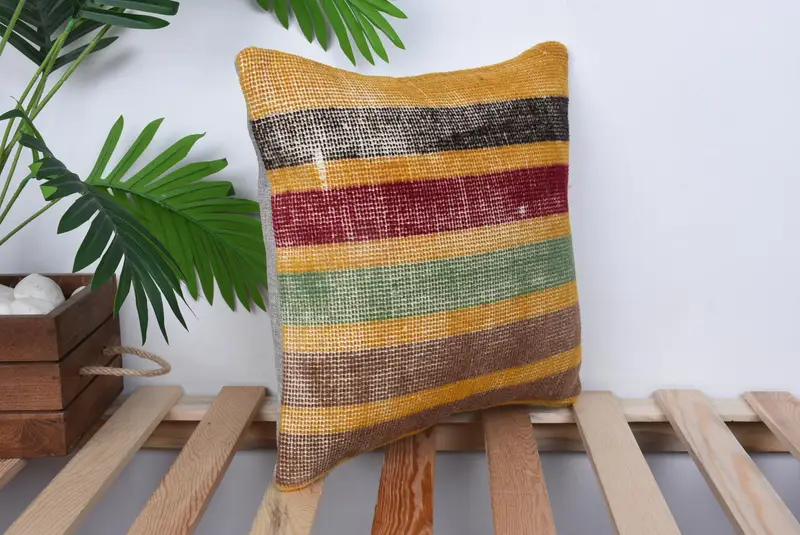 Authentic Pillow Sham, Vintage Pillow, Gift Pillow, Interior Designer Pillow, Farmhouse Cushion Case, 14x14 Yellow Cushion Cover, Pillow Case - 4
