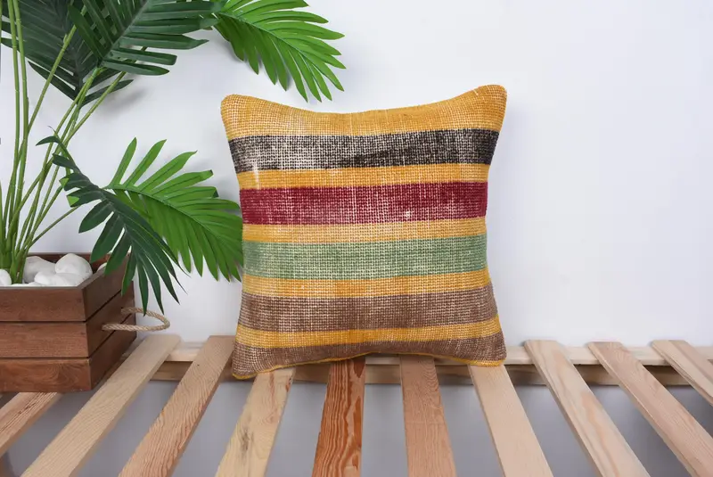 Authentic Pillow Sham, Vintage Pillow, Gift Pillow, Interior Designer Pillow, Farmhouse Cushion Case, 14x14 Yellow Cushion Cover, Pillow Case - 1
