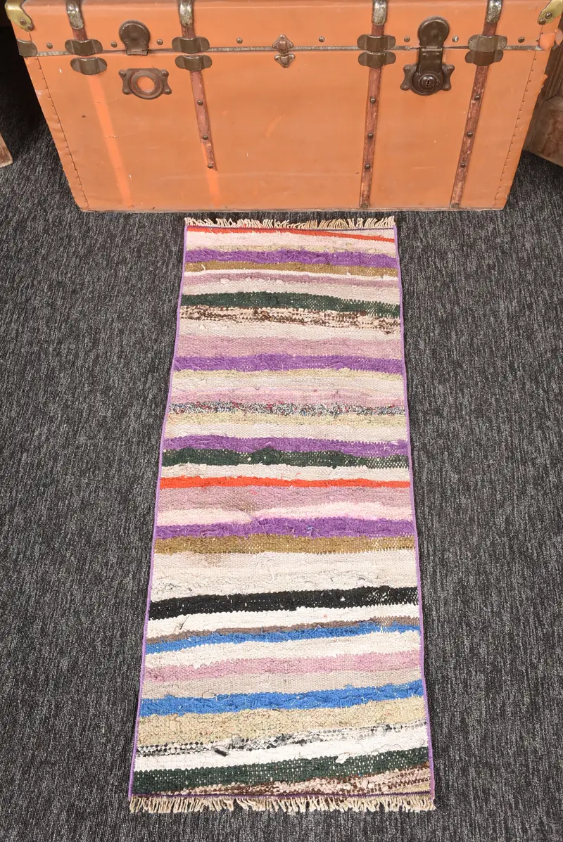 Kilim Vintage Halı, 1.5x3.9 ft Türk Halısı, Gökkuşağı Çizgili Yün Halı - 1