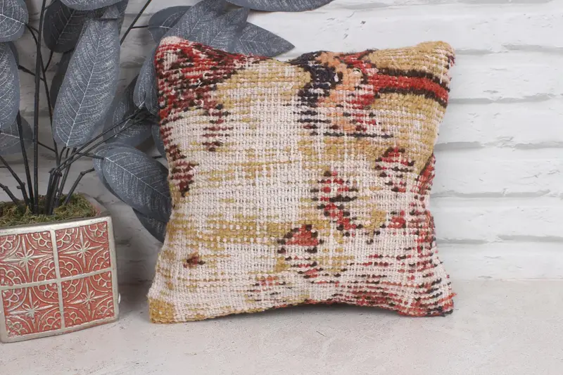 Kilim Cushion Sham, Pillow Case, Home Decor Pillow, Throw Kilim Pillow, 12x12 Yellow Pillow Cover, Office Chair Pillow - 1