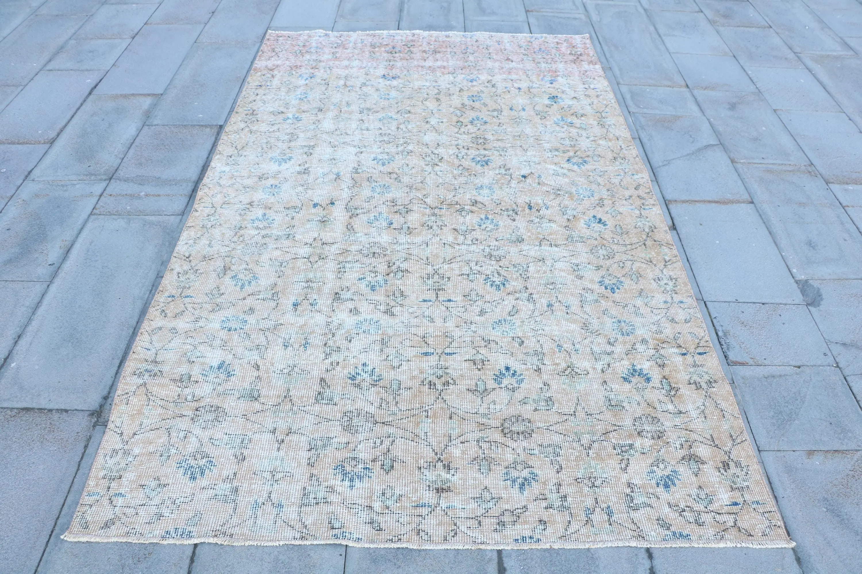 4.8x7.9 ft Turkish Rug, Vintage Area Rug, Blue Beige Floral Wool Rug - 1