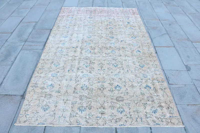 オレンジ & ブルー ラグ、4.8x7.9 フィートの幾何学模様の花柄デザイン