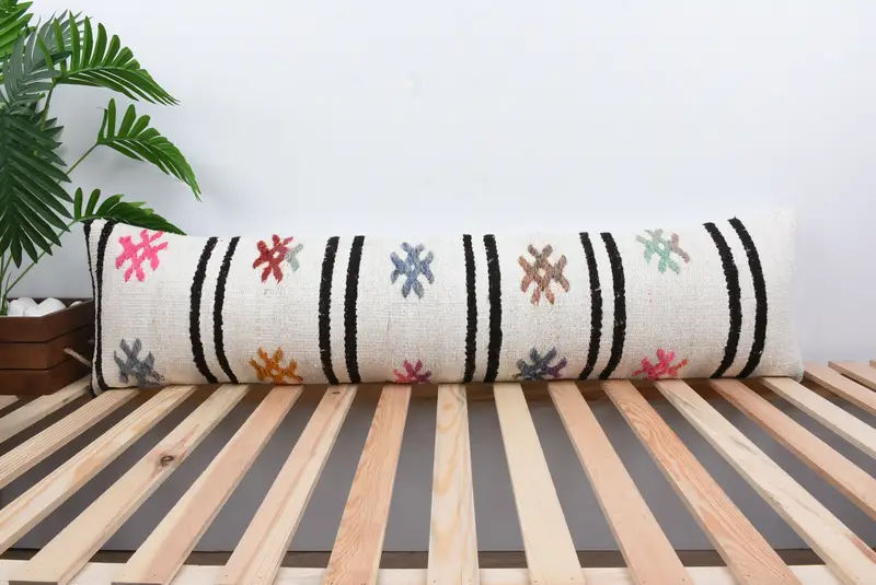 Designer Throw Cushion, 12x48 White Pillow, Cushion, Turkish Kilim Pillow, Office Chair Pillow Sham, Home Decor Pillow, Turkish Pillow - 1