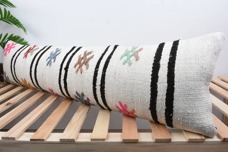 Designer Throw Cushion, 12x48 White Pillow, Cushion, Turkish Kilim Pillow, Office Chair Pillow Sham, Home Decor Pillow, Turkish Pillow - 5
