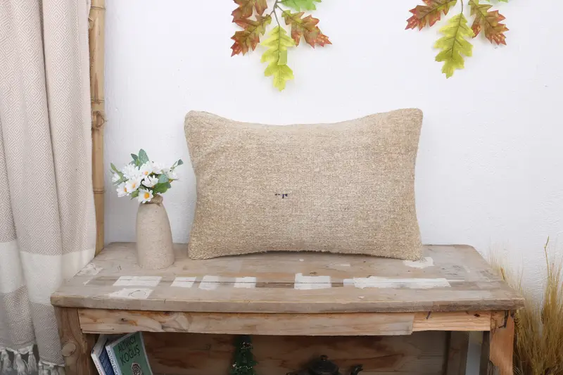 Pillow Case, Vintage Kilim Throw Pillow, Boho Pillow Sham Cover, Vintage Kilim Pillow, Neutral Throw Cushion, 12x20 Beige Pillow Sham - 1