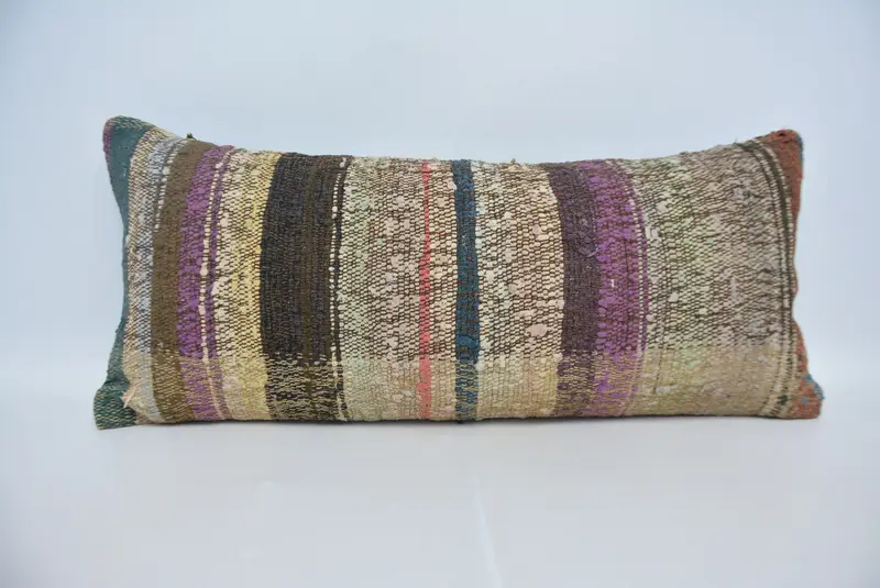 Beige & braun gestreiftes Wurfkissen, Vintage besticktes Kissen