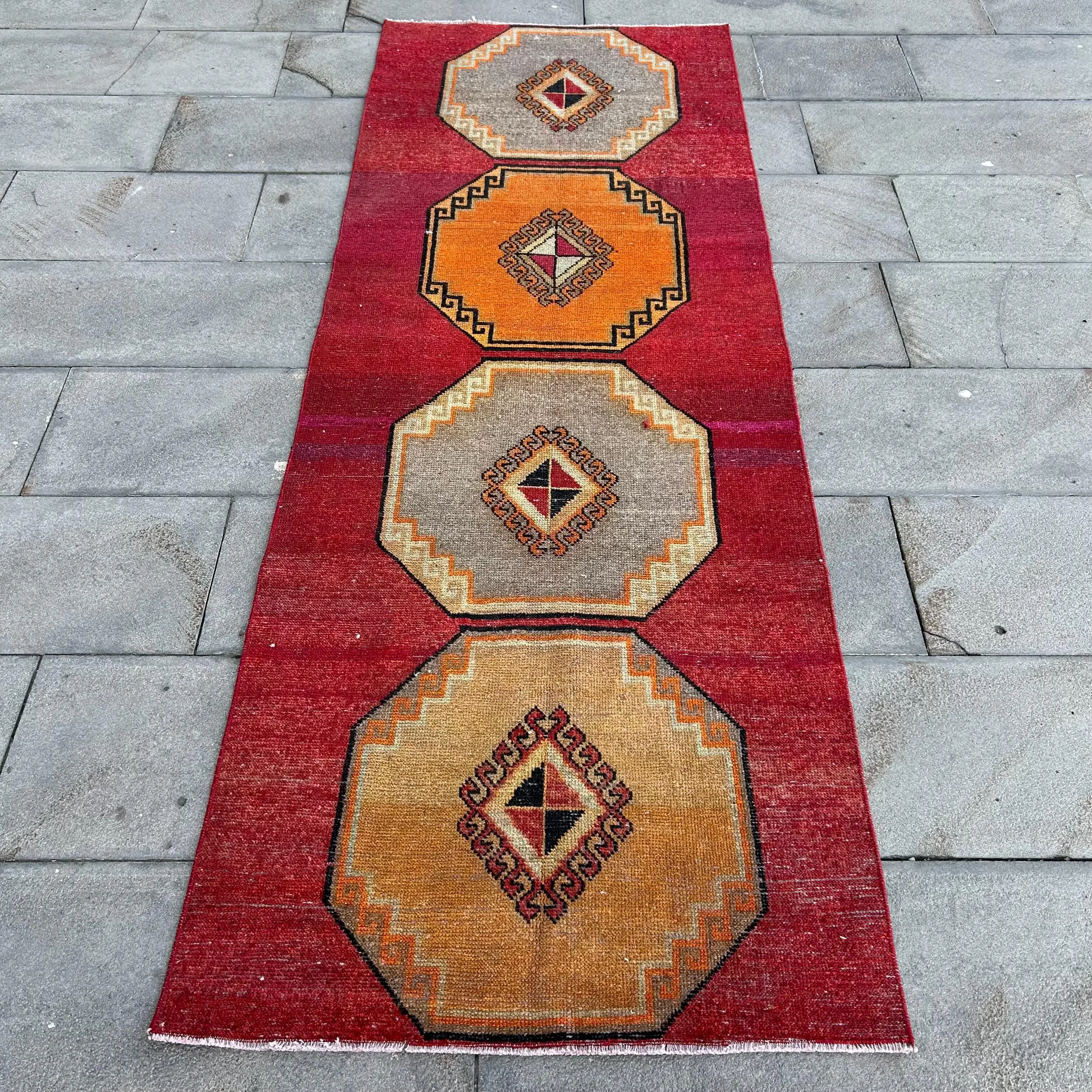 Turuncu ve Kırmızı Halı, 2,8x7,8 ft Geometrik Çiçek Desenli - 1