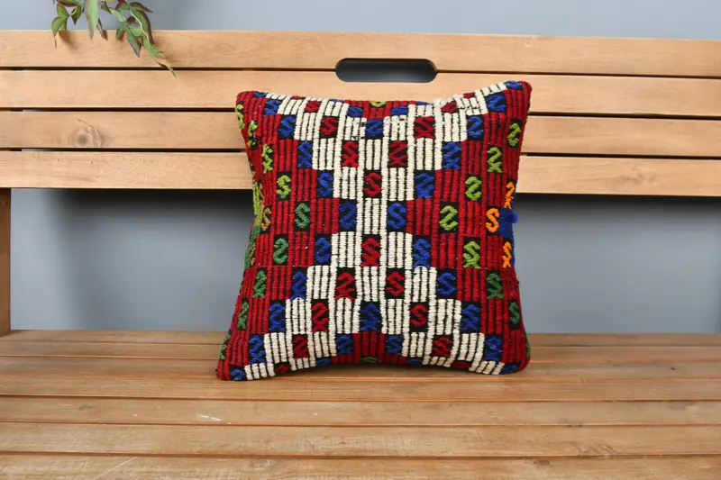 Office Chair Pillow, 16x16 Red Cushion Cover, Ethnical Kilim Rug Pillow, Pillow for Couch, Cushion Case, Tapestry Cushion, Throw Kilim Pillow - 6