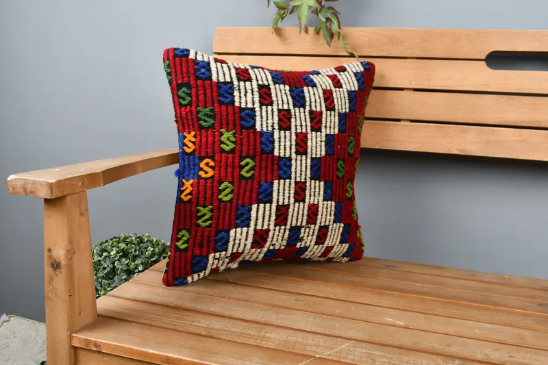 Office Chair Pillow, 16x16 Red Cushion Cover, Ethnical Kilim Rug Pillow, Pillow for Couch, Cushion Case, Tapestry Cushion, Throw Kilim Pillow - 1