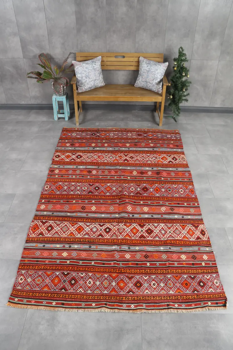 Alfombra grande vintage, alfombra turca de 5,2x8,5 pies, alfombra de lana oriental roja - 1