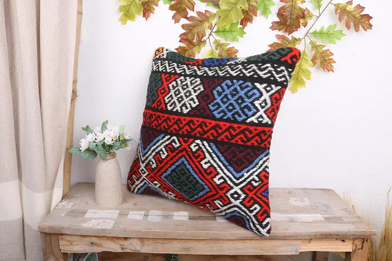 Tribal Cushion Cover, Boho Pillow Sham Cover, Turkish Pillow, 18x18 Red Pillow Sham, Bolster Throw Cushion Case, Pillow for Sofa, Cushion Cover - 4