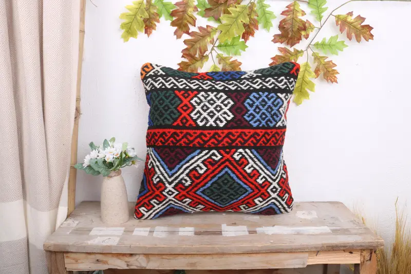 Tribal Cushion Cover, Boho Pillow Sham Cover, Turkish Pillow, 18x18 Red Pillow Sham, Bolster Throw Cushion Case, Pillow for Sofa, Cushion Cover - 1