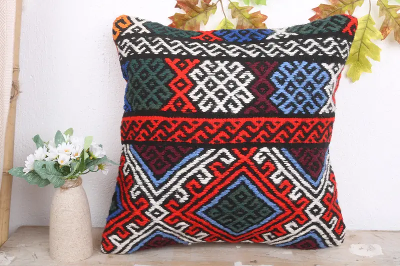 Tribal Cushion Cover, Boho Pillow Sham Cover, Turkish Pillow, 18x18 Red Pillow Sham, Bolster Throw Cushion Case, Pillow for Sofa, Cushion Cover - 2