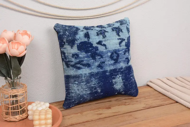 Blaues Southwestern Kissen, 14x14 Vintage besticktes Kissen