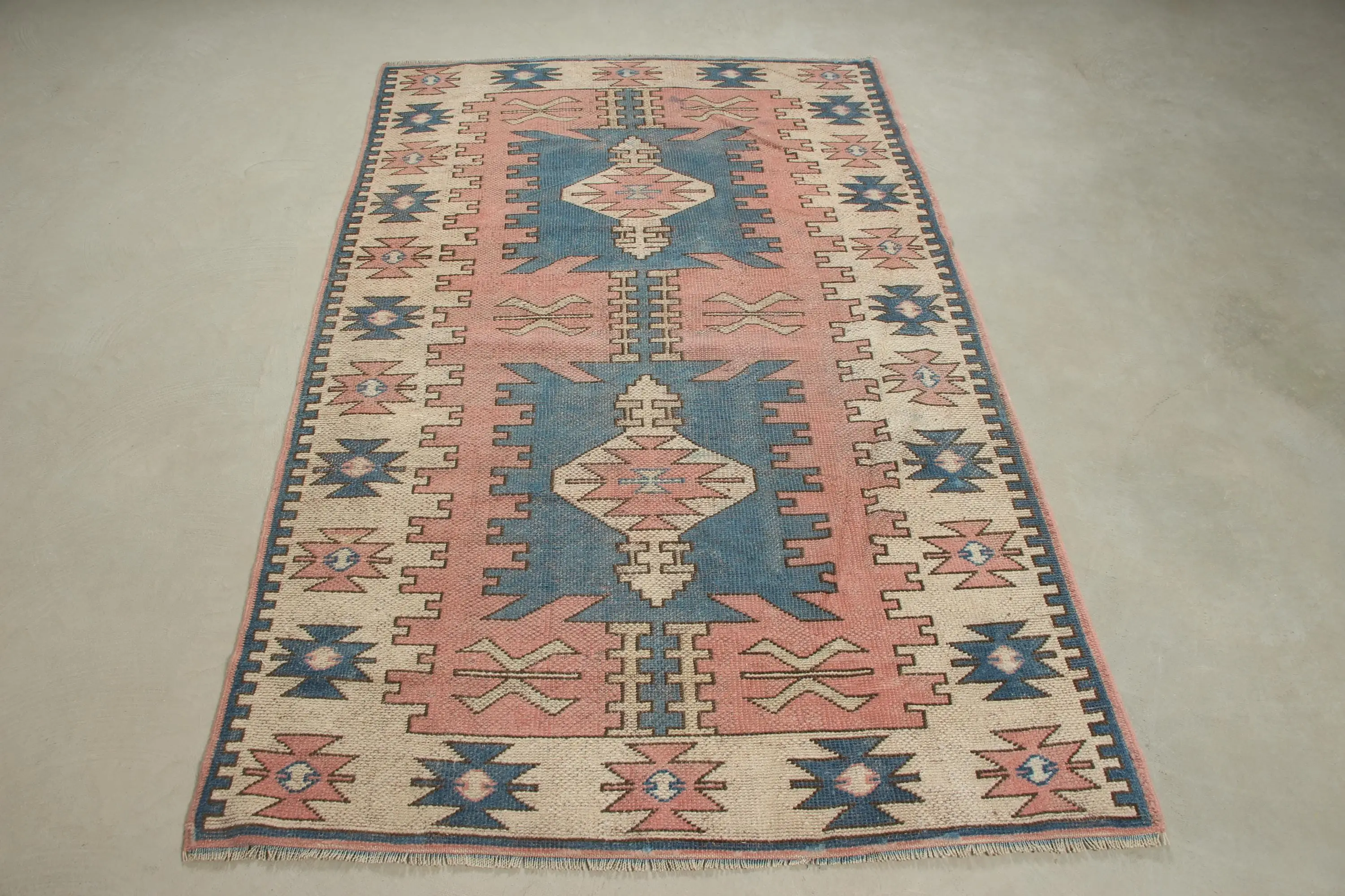 4x6.7 ft Turkish Rug, Vintage Rug, Blue Bordered Wool Rug - 1