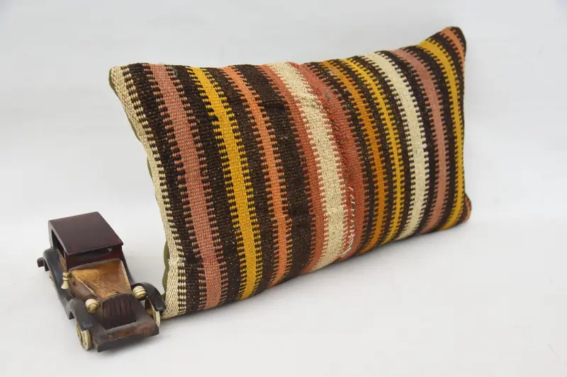 Turkish Kilim Pillow, Boho Pillow, Cushion Cover, Ethnical Kilim Rug Pillow, 12x20 Brown Pillow Case, Comfy Throw Cushion Case - 2