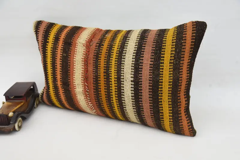 Turkish Kilim Pillow, Boho Pillow, Cushion Cover, Ethnical Kilim Rug Pillow, 12x20 Brown Pillow Case, Comfy Throw Cushion Case - 3