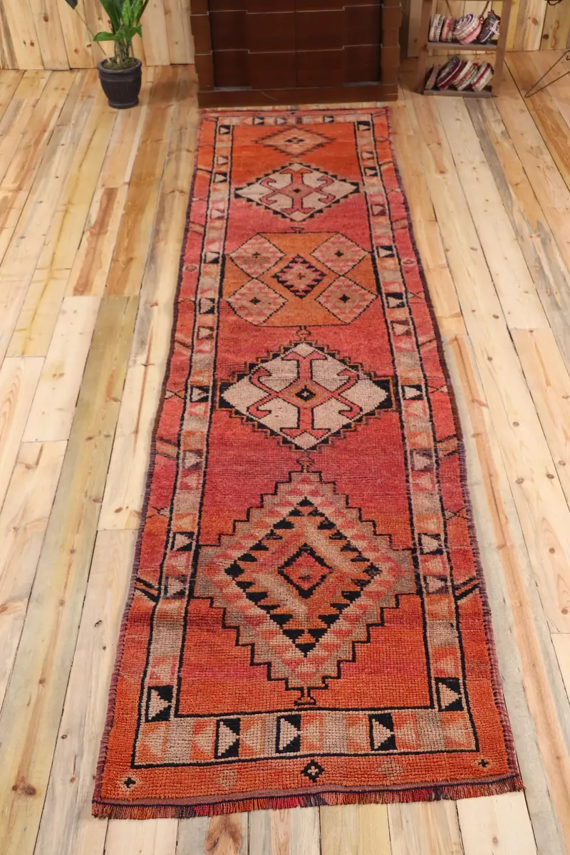 2.9x11.6 ft Turkish Herki Rug, Red Patchwork Vintage Wool Rug - 1