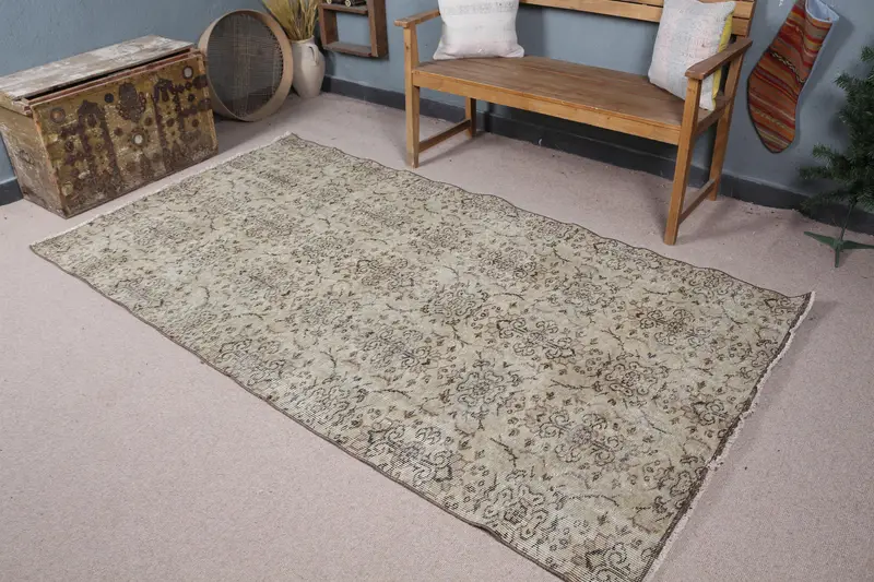 4.5x8.1 ft Vintage Türk Halısı, Alan Halısı, Oushak Kahverengi Yün Halı - 1