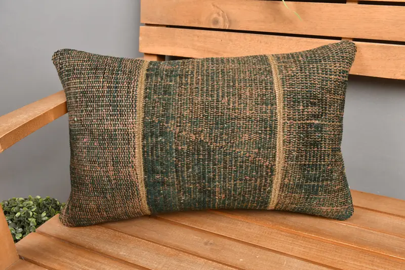 Almohada de lino marrón con diseño patchwork, almohada rectangular bordada