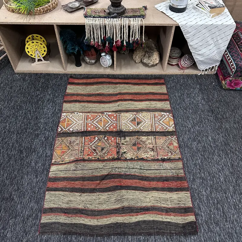 Türkischer Vintage Teppich, 3,1x4,5 ft kleiner Teppich, brauner geometrischer Kelimteppich - 1