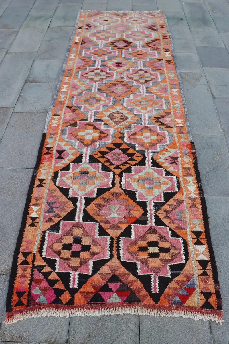 Orange, Pink Rug 3,2x10,2 ft, Floral & Geometric