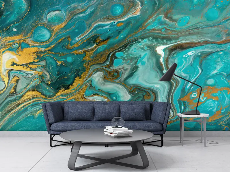 Contemporary Luxury Marble Printed Wallpaper: Blue & Gold Shimmer