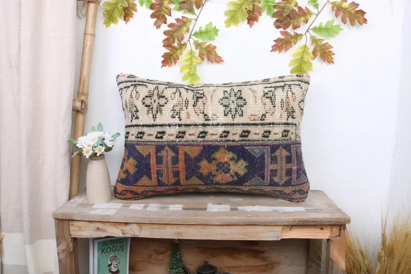 Beige & Bronze Patchwork-Wurfkissen, 16x24 handgemachtes Leinenkissen